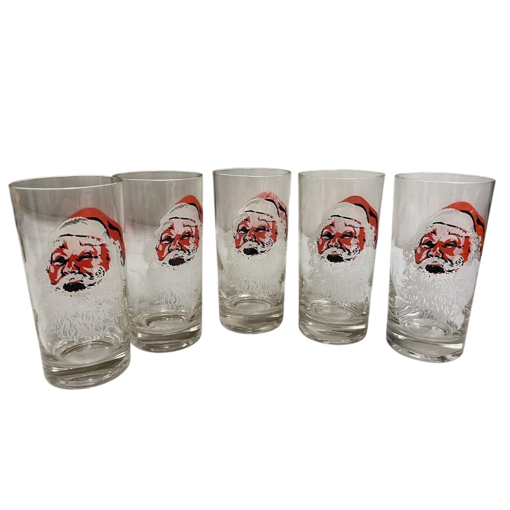 5 Vtg Mid Century Anchor Hocking Christmas Jolly‎ Santa Face Tumblers Glasses